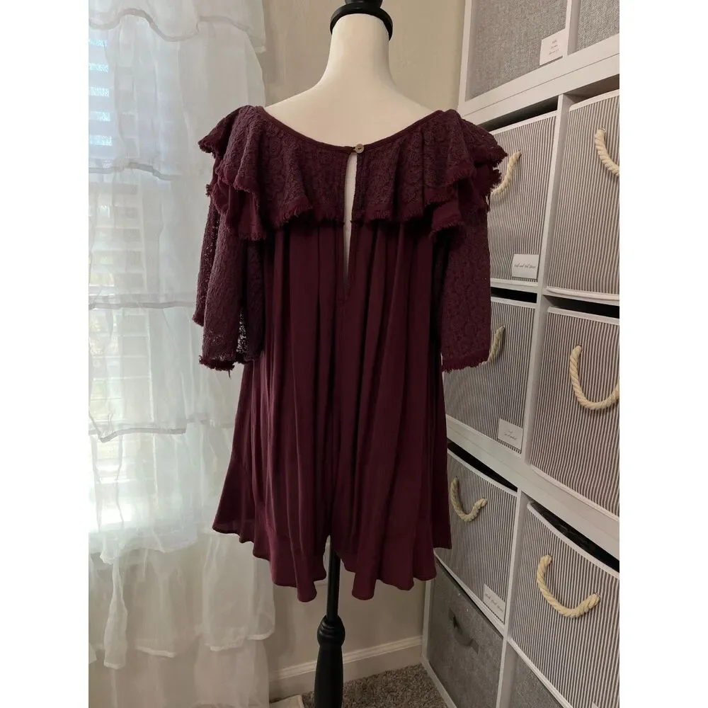 Free People Rush For Ruffles Romper Burgundy Boho Ruffle Lace Size M